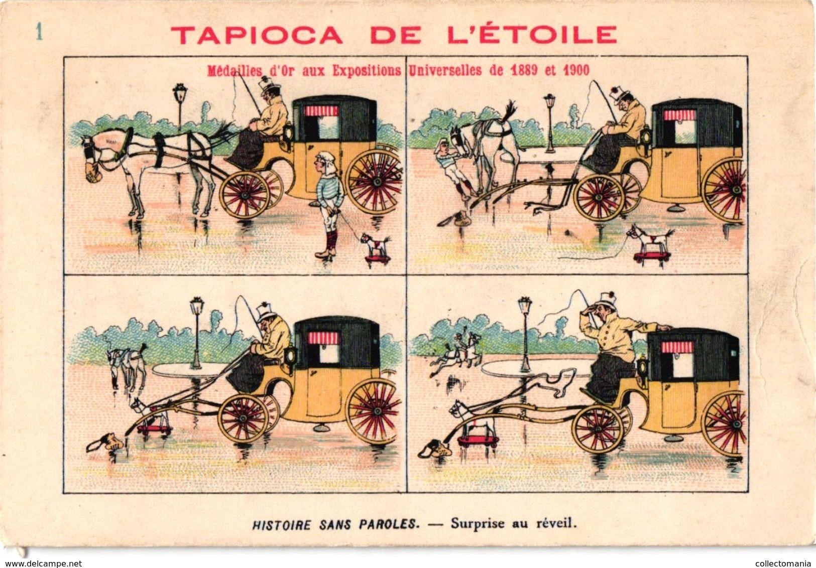 B.D. 19 cartes litho chromos TRES ANCIENS c1890, comme bandes dessinés, publicitaires Tapioca;  COURBE ROUZET