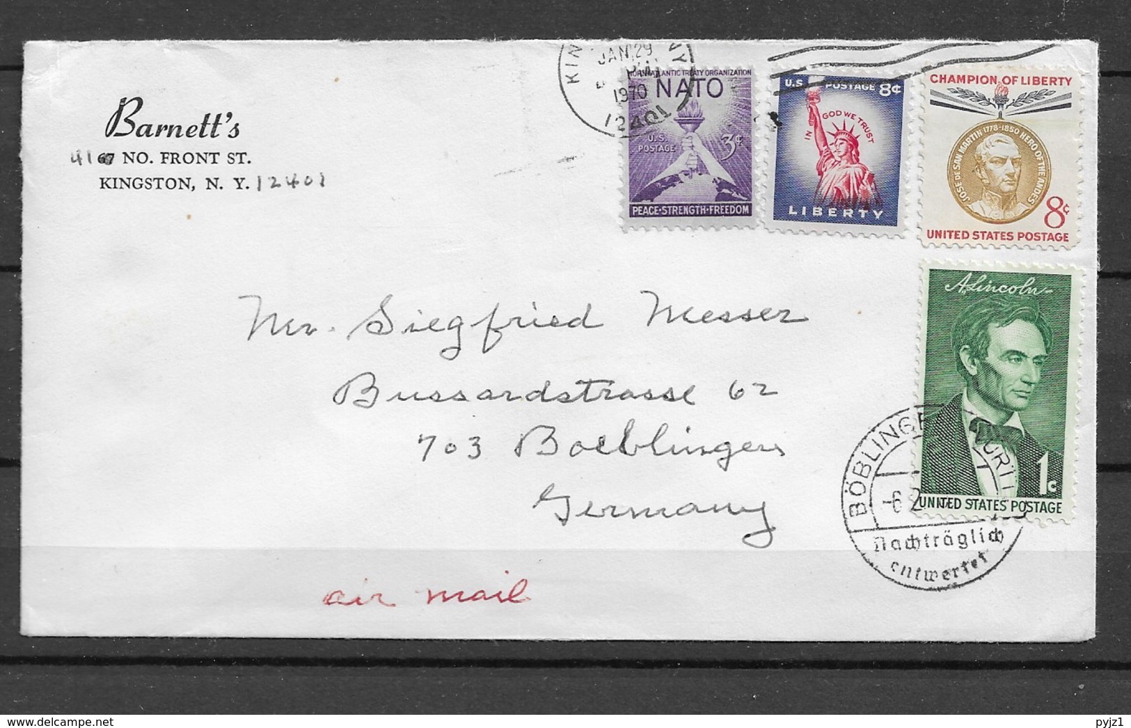 1970 USA Letter To Germany One Stamp Cancelled "nachträglich Entwertet" - Briefe U. Dokumente