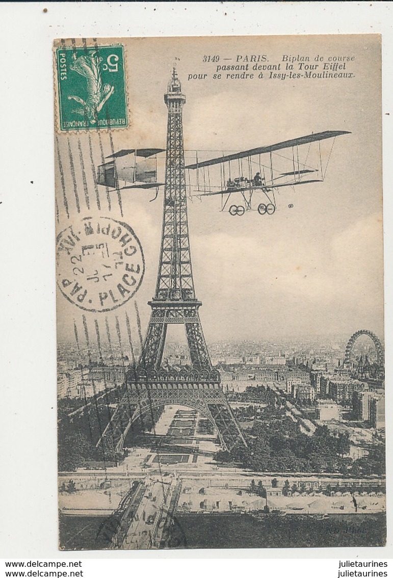 PARIS BIPLAN DE COURSE PASSANT DEVANT LA TOUR EIFFEL POUR SE RENDRE A ISSY LES MOULINEAUX CPA BON ETAT - ....-1914: Précurseurs