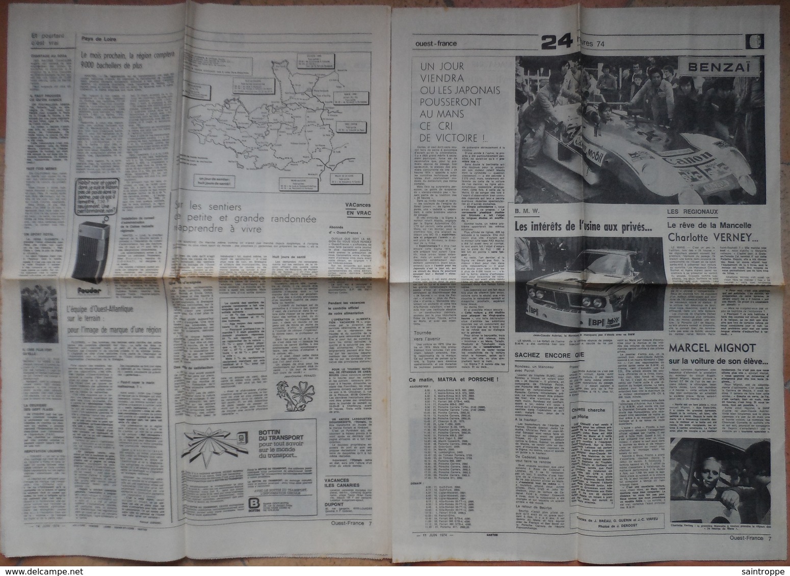 24 H du Mans 1974.Lot de 26 pages de différents journaux.