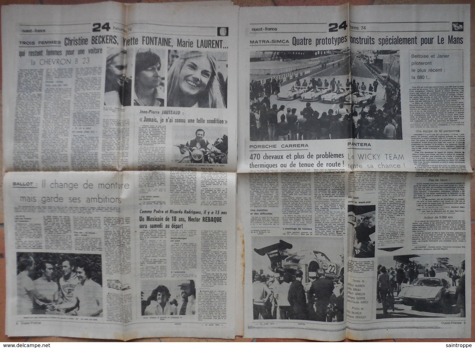 24 H du Mans 1974.Lot de 26 pages de différents journaux.