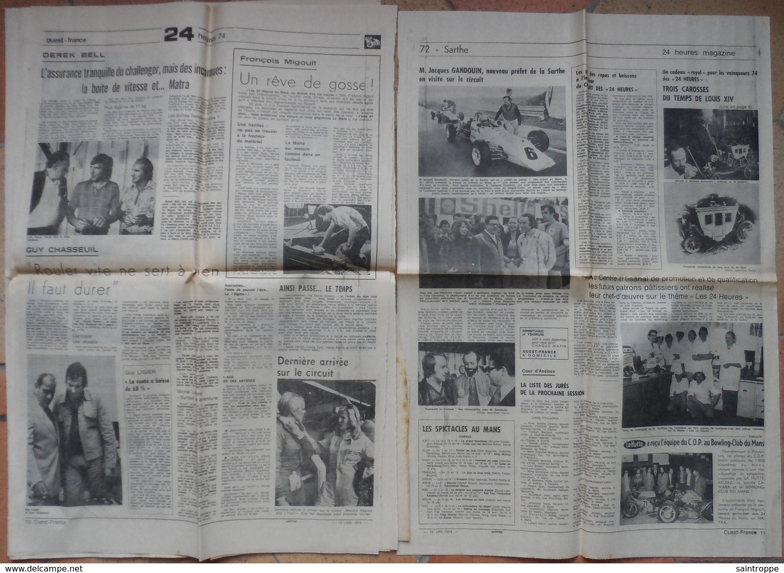 24 H du Mans 1974.Lot de 26 pages de différents journaux.