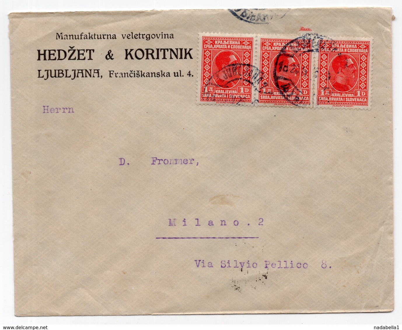 1926 YUGOSLAVIA, SLOVENIA, LJUBLJANA TO MILANO, POSTER STAMP AT THE BACK, HEDZET & KORITNIK CO. COVER - Postal Stationery