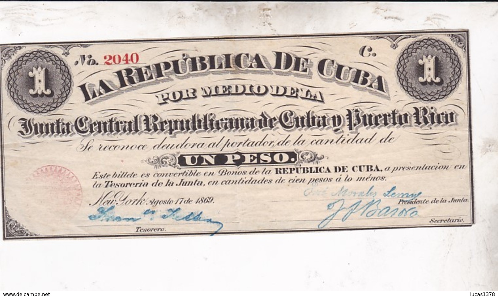 CUBA 1 PESO 17 AOUT 1869 / SERIE C 2039 - Cuba