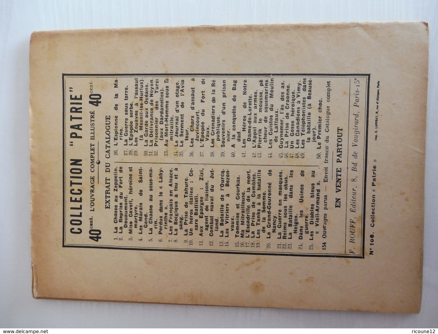 Collection Patrie - Nmr 108 - L'auto Canon Fantôme -Edition Rouff - 1914-18