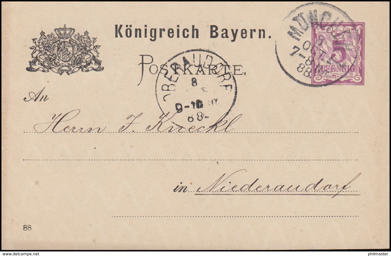 Bayern Postkarte Ziffer 5 Pf Lila DV 88: MÜNCHEN I. 8.10.88 Nach Niederaudorf - Autres & Non Classés