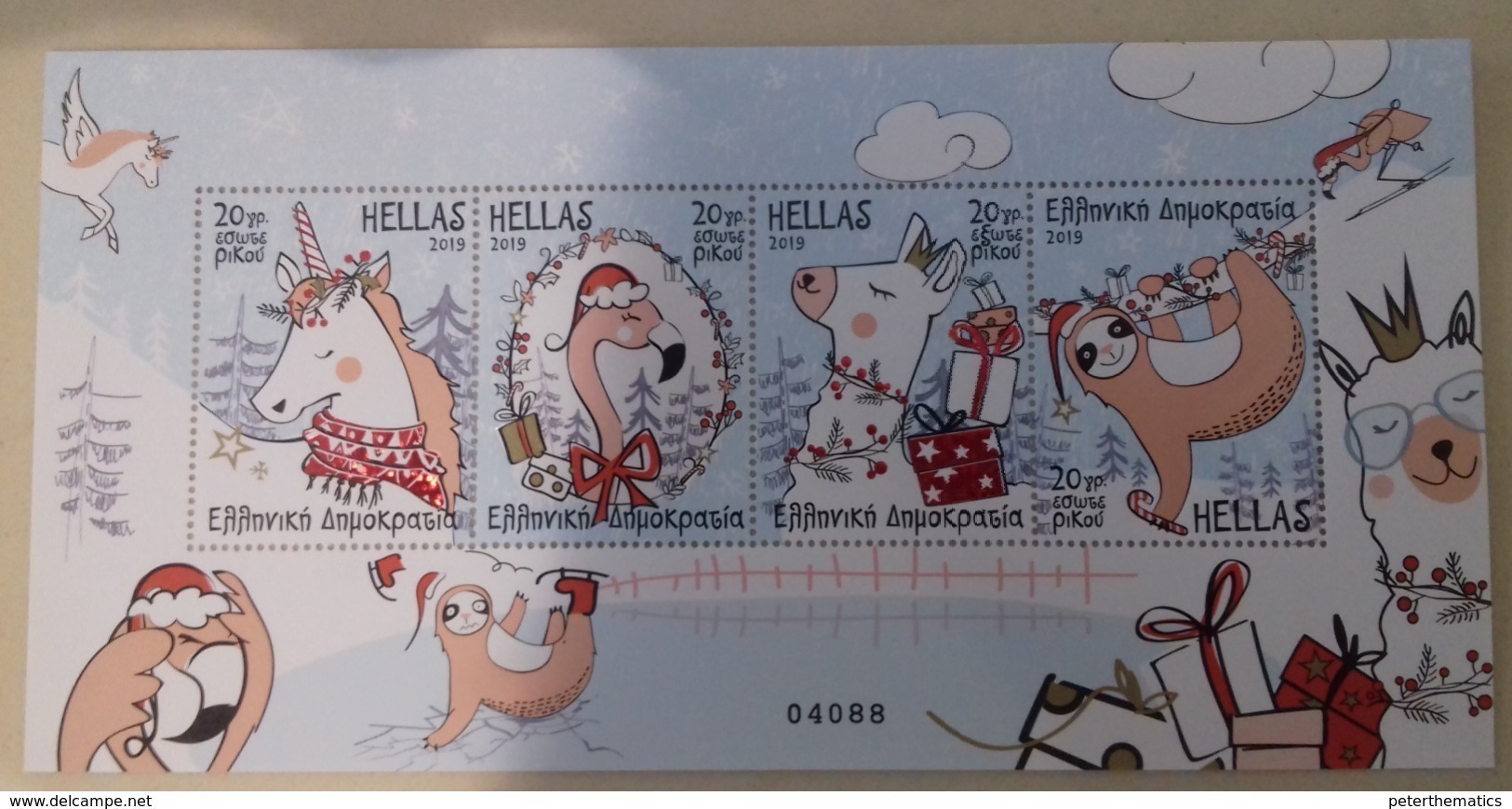 GREECE, 2019, MNH, CHRISTMAS, BIRDS,  LAMAS, SLOTH BEARS, UNICORNS, SHEETLET - Christmas