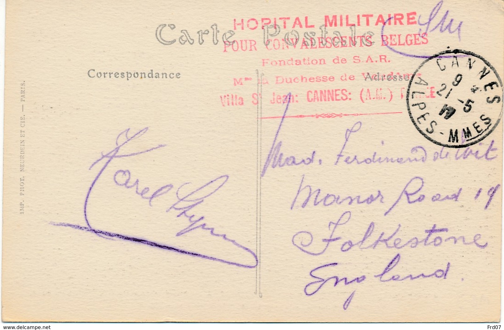 CV Cannes 21-5 17 - Exp. Hôpital Militaire Pour Convalescents Belges – Fondation S.A.R. – Villa St Jean - Belgisch Leger