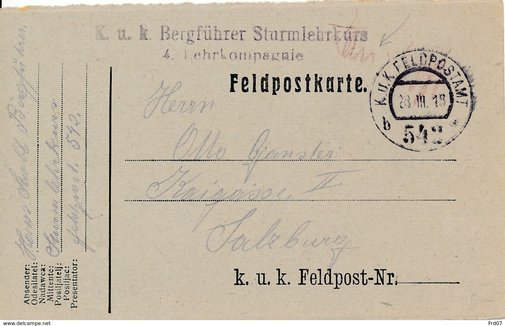 KuK Feldpostamt 542 – Bergführer Sturmlehrkurs 4 Lehrkom-pagnie - Brieven En Documenten