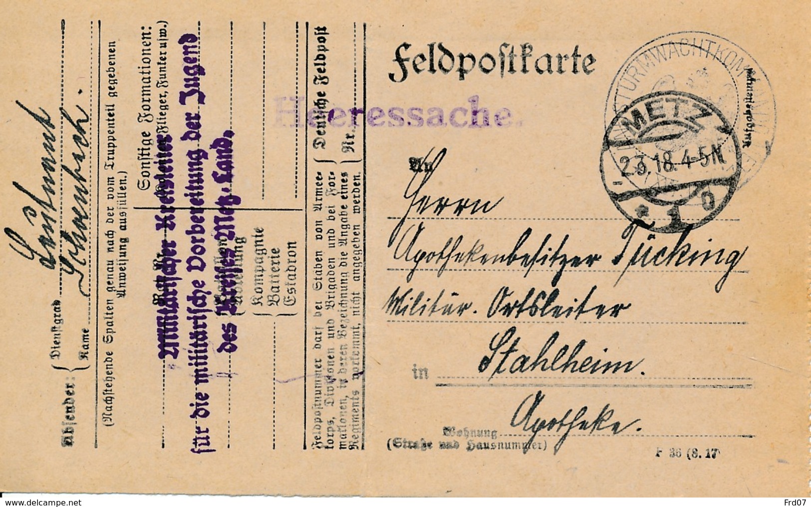 Feldpostkarte Metz 2.3.18 – Militar Kreislater .. Militare Vorbe-reitung De Jugend Des Kreises Metz Land - Other & Unclassified