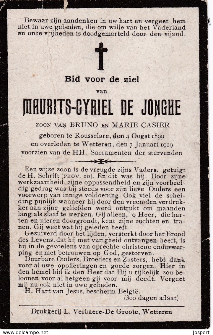 Roeselare, Wetteren, 1919, Mauritrs De Jonghe, Casier - Images Religieuses