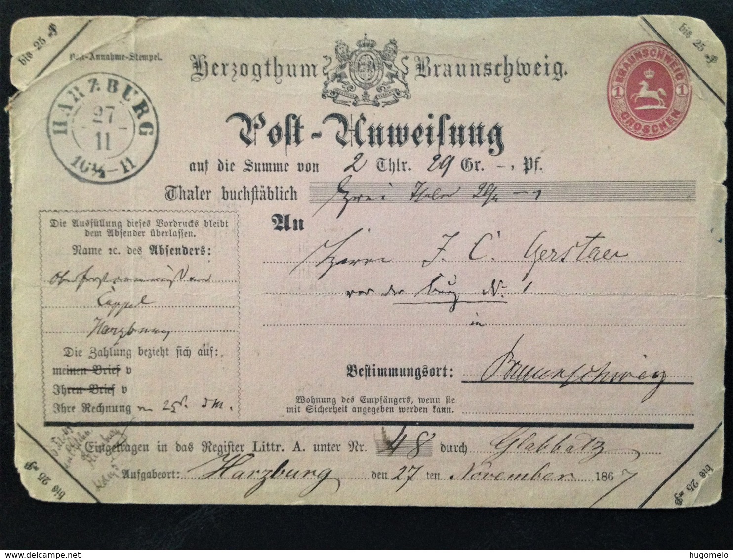 Germany, Pre-Philately, Postcard Hamburg To Braunschweig, 1867 - Collections