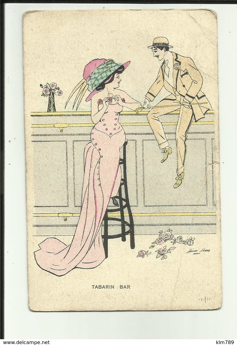 Carte Illustrateur Xavier Sager - Tabarin Bar - élégante Robe Et Chapeau - - Sager, Xavier