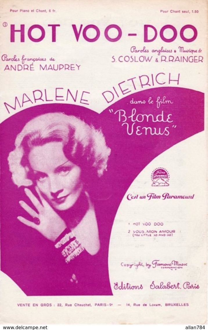 PARTITION HOT VOO-DOO  PAR MARLENE DIETRICH - 1932 - EXC ETAT COMME NEUF - - Compositori Di Musica Di Cinema