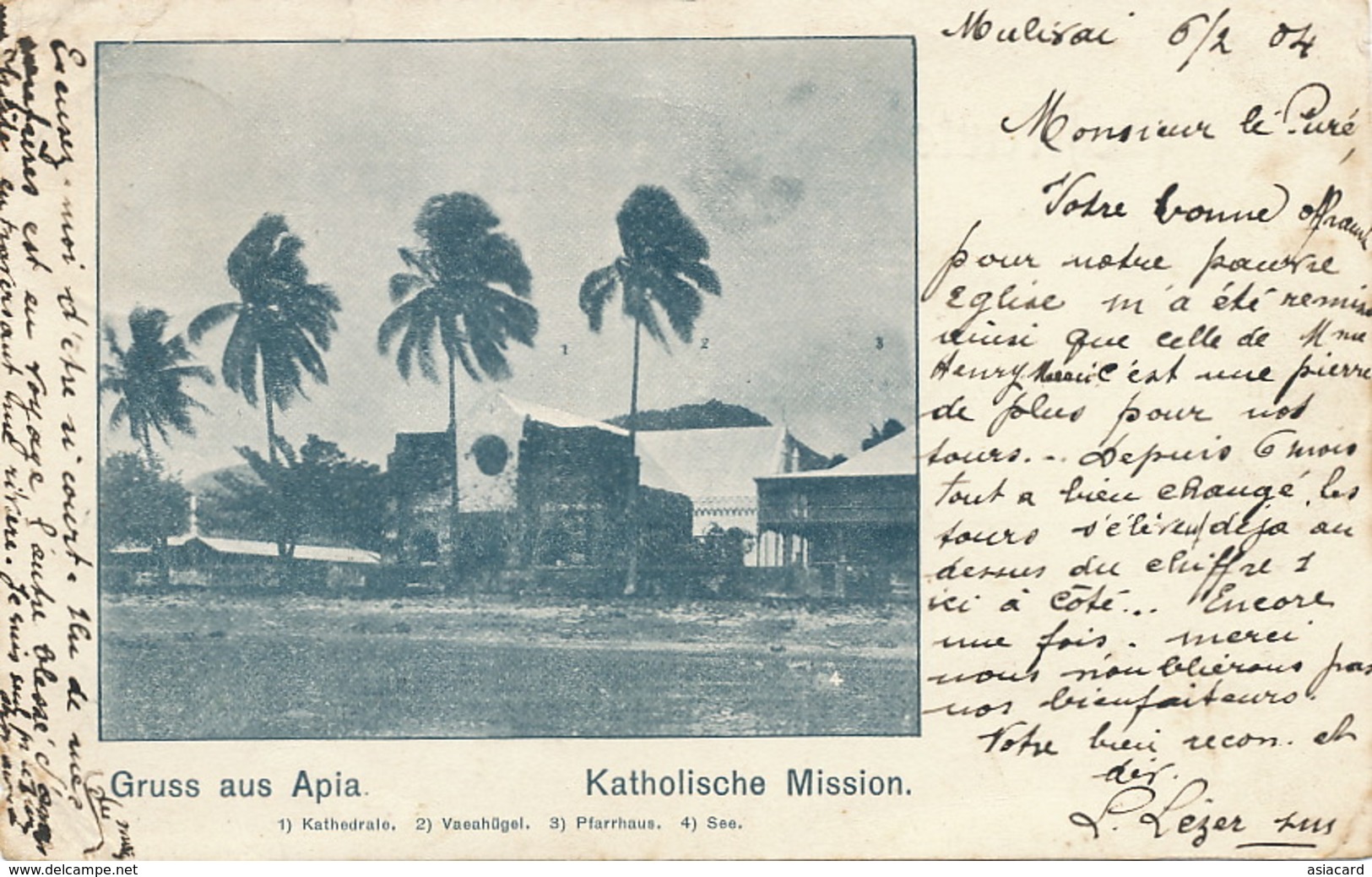 German Samoa Stamped Gruss Aus Apia Katholische Mission  Card P. Used 1904 To Curé D' Onville Meurthe Moselle Via Frisco - Samoa