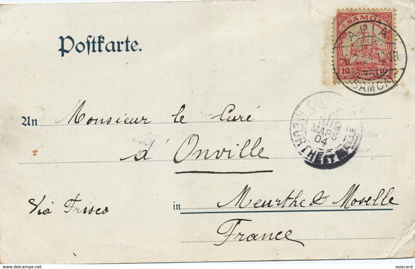 German Samoa Stamped Gruss Aus Apia Katholische Mission  Card P. Used 1904 To Curé D' Onville Meurthe Moselle Via Frisco - Samoa