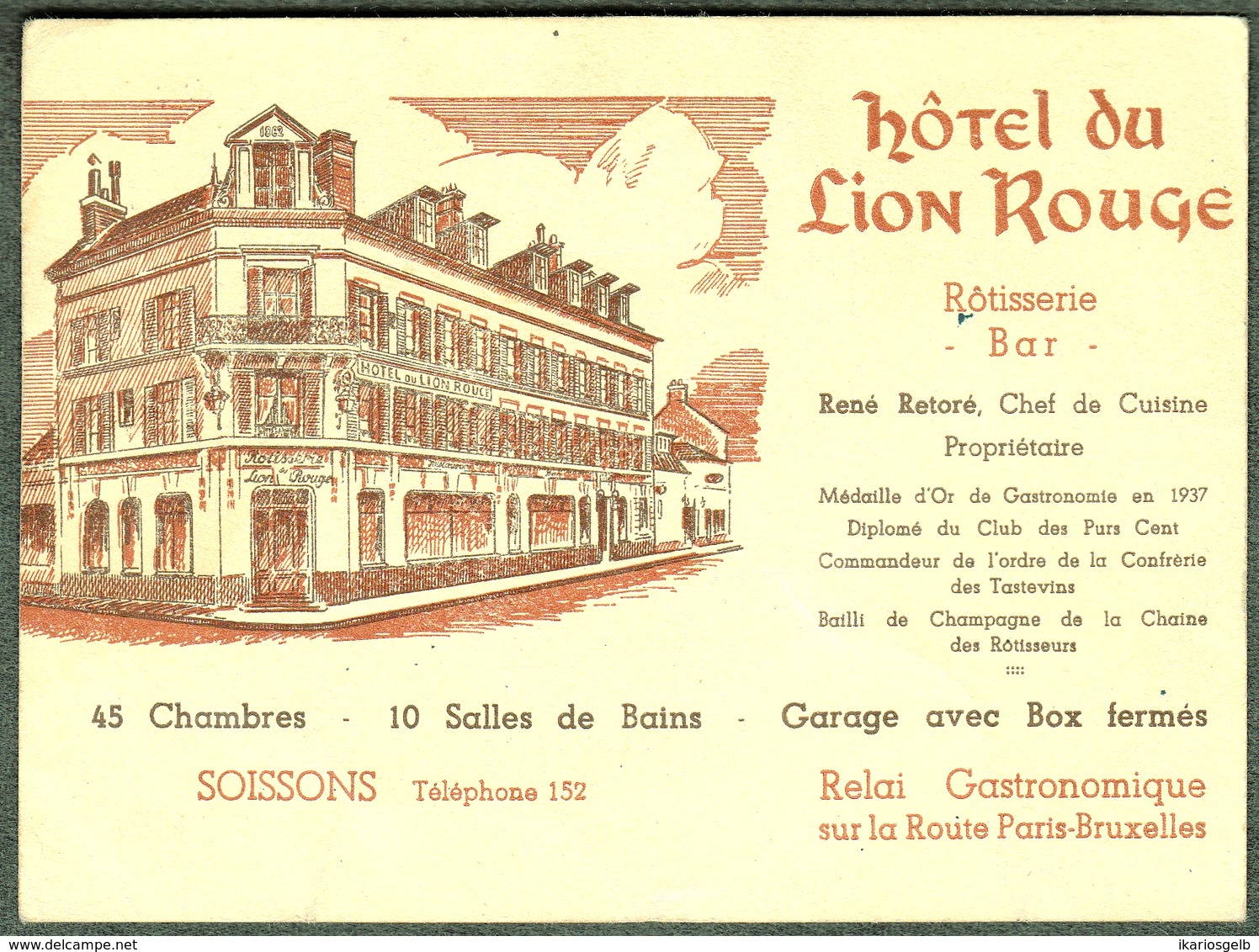 SOISSONS ( Aisne ) 1955 " Hotel Du Lion Rouge Sur La Route Paris-Bruxelles " Carte Artisan (ne Pas Photo) - Soissons