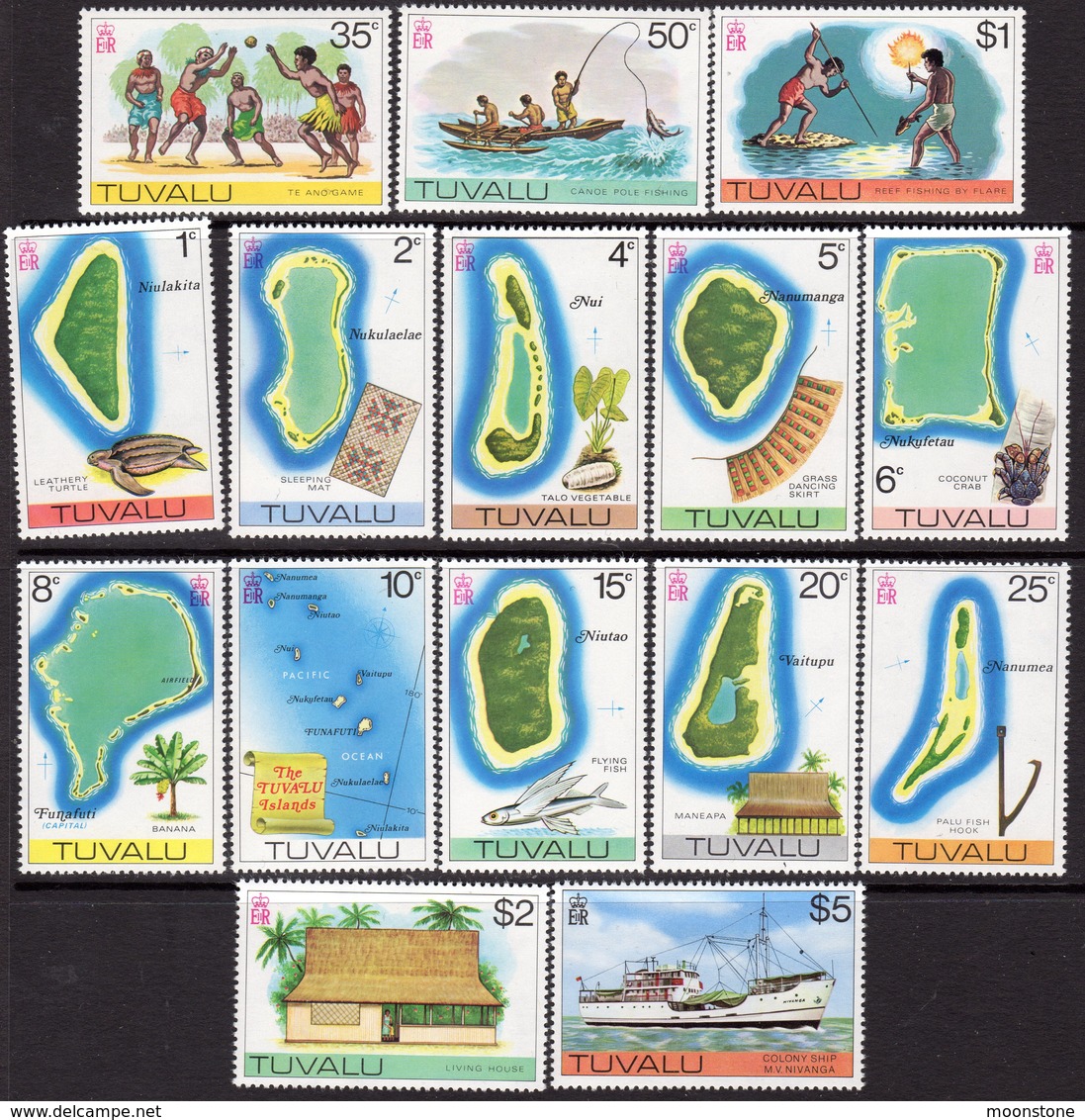 Tuvalu 1976 Maps Of Islands Definitives Set Of 15, MNH, SG 30/44 (BP2) - Tuvalu