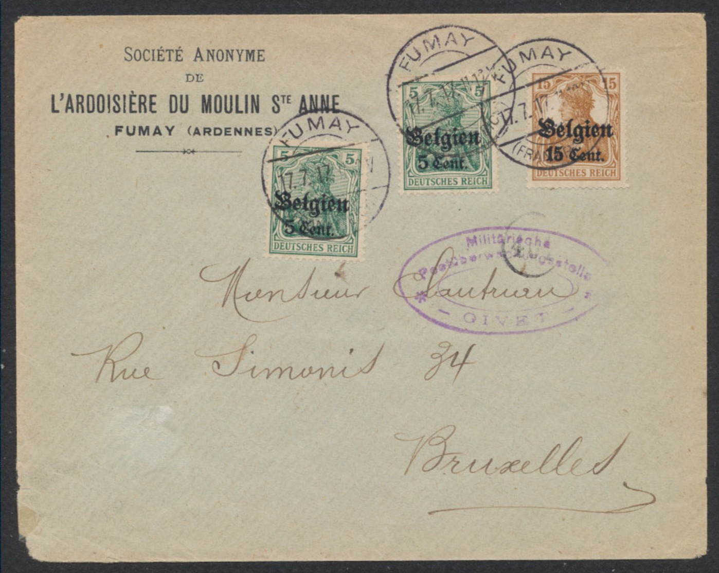 Guerre 14-18 - OC12 X2 Et 15 Sur Lettre Obl à Pont "Fumay" (1917) + Censure Givet Vers Bruxelles. TB - OC1/25 Generalgouvernement 