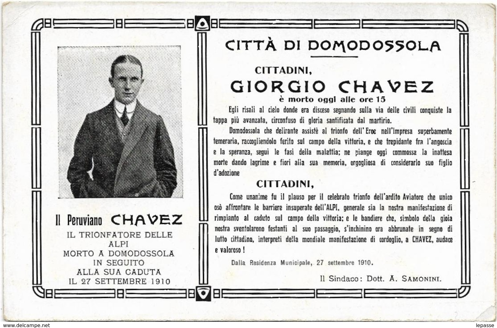 CPA  AVIATEUR Jorge Chávez Dartnell, Géo Chavez », MORT EN ITALIE  DOMODOSSOLA 1910 RICCORDO DELLA CADUTA PERUVIEN N02 - Airmen, Fliers