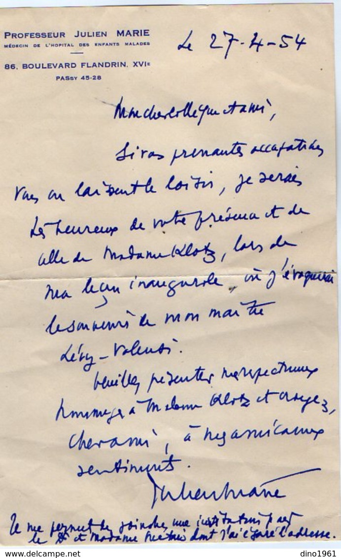 VP16.734 - PARIS 1954 - Lettre Du Professeur Julien MARIE Médecin De L'Hopital Des Enfants Malades - Collections