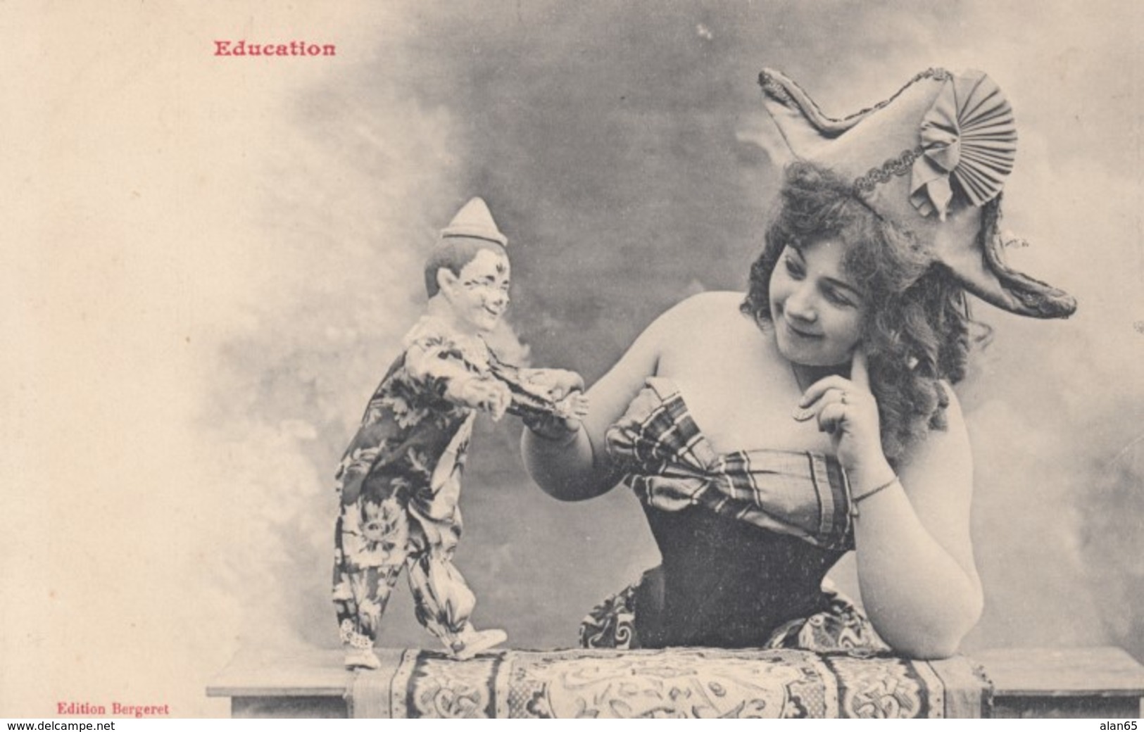 'Education' Young Woman Fancy Dress Plays With Clown Doll, C1900s Vintage Postcard - Games & Toys