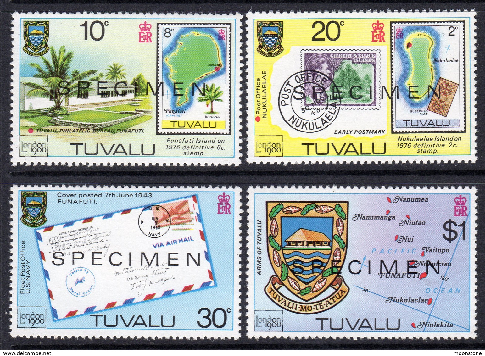 Tuvalu 1980 London '80 Stamp Exhibition Set Of 4 Optd. SPECIMEN, MNH, SG 143/6 (BP2) - Tuvalu