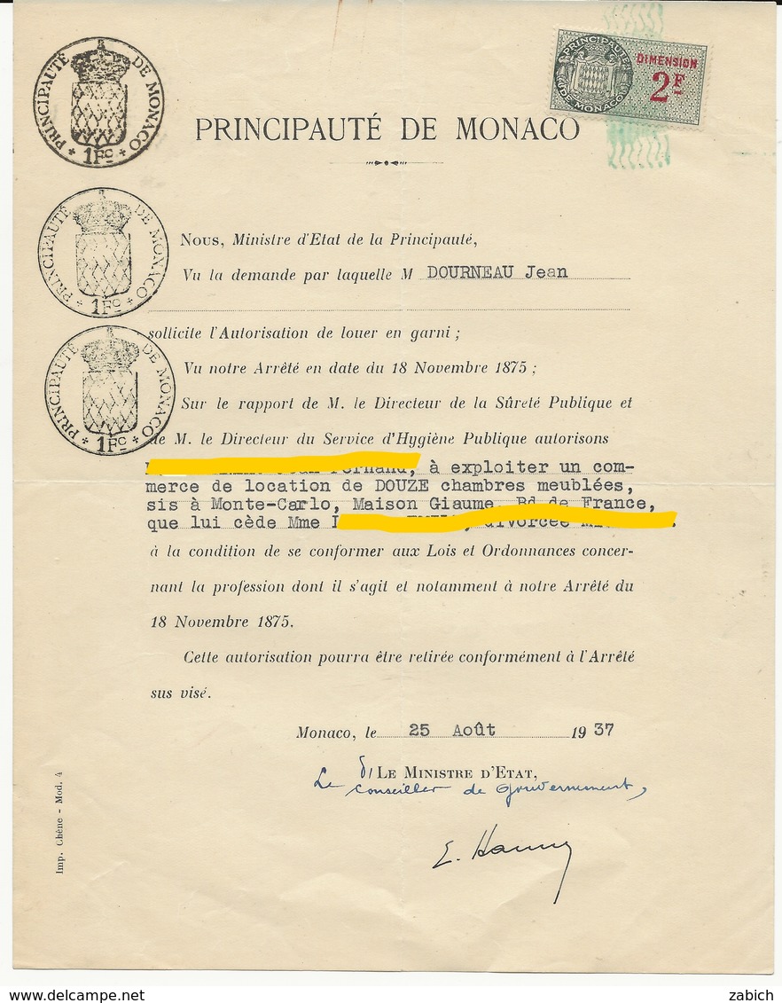 TIMBRES FISCAUX DE MONACO 1937 TIMBRE à L'EXTRAORDINAIRE BLASON 1Fc 3 Ex + DIMENSION N°15 2F VERT - Revenue