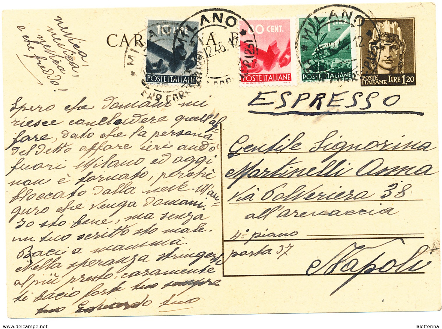 1946 CARTOLINA POSTALE ESPRESSO QUADRICOLORE CON CENTESIMI - 1946-60: Storia Postale