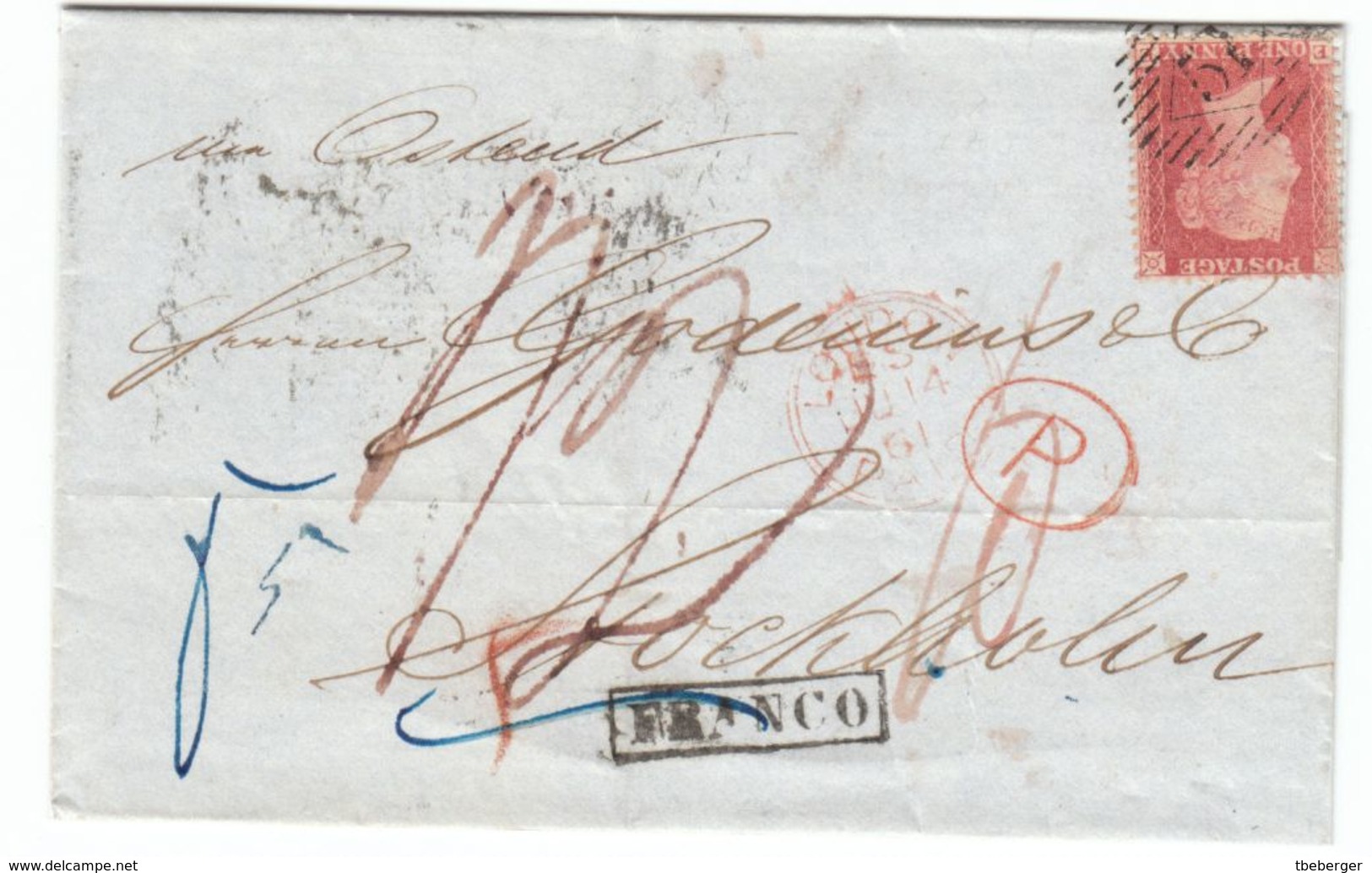 United Kingdom To Sweden 1861 Lettersheet London To Stockholm, 14d Paid In Cash, Late Fee Paid With Penny Red (u19) - Briefe U. Dokumente