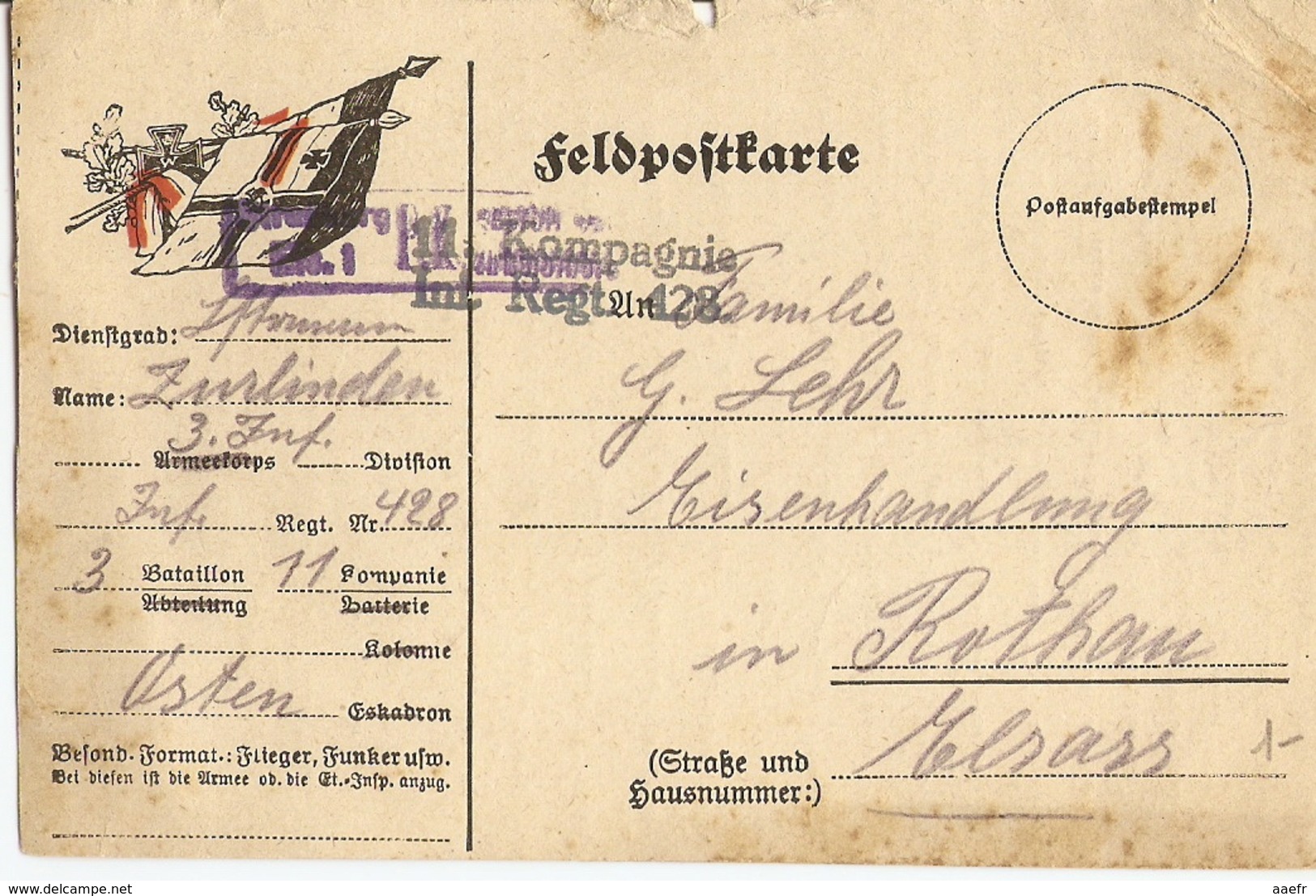 Allemagne 1912 - Feldpostkarte - Entier En Franchise Militaire -  3ème Infanterie, Régiment 428 à Rothau Elsass - Brieven En Documenten