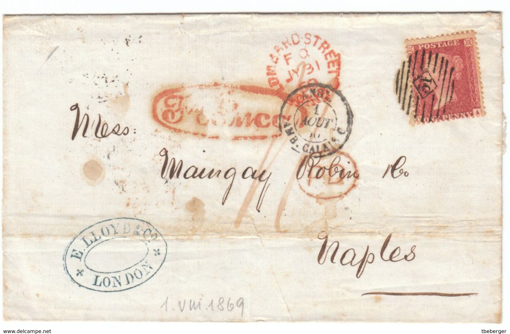 United Kingdom To Italy Naples 1869 Lettersheet London To Naples, 11d Paid In Cash, Late Fee Paid With Penny Red (u20) - Brieven En Documenten