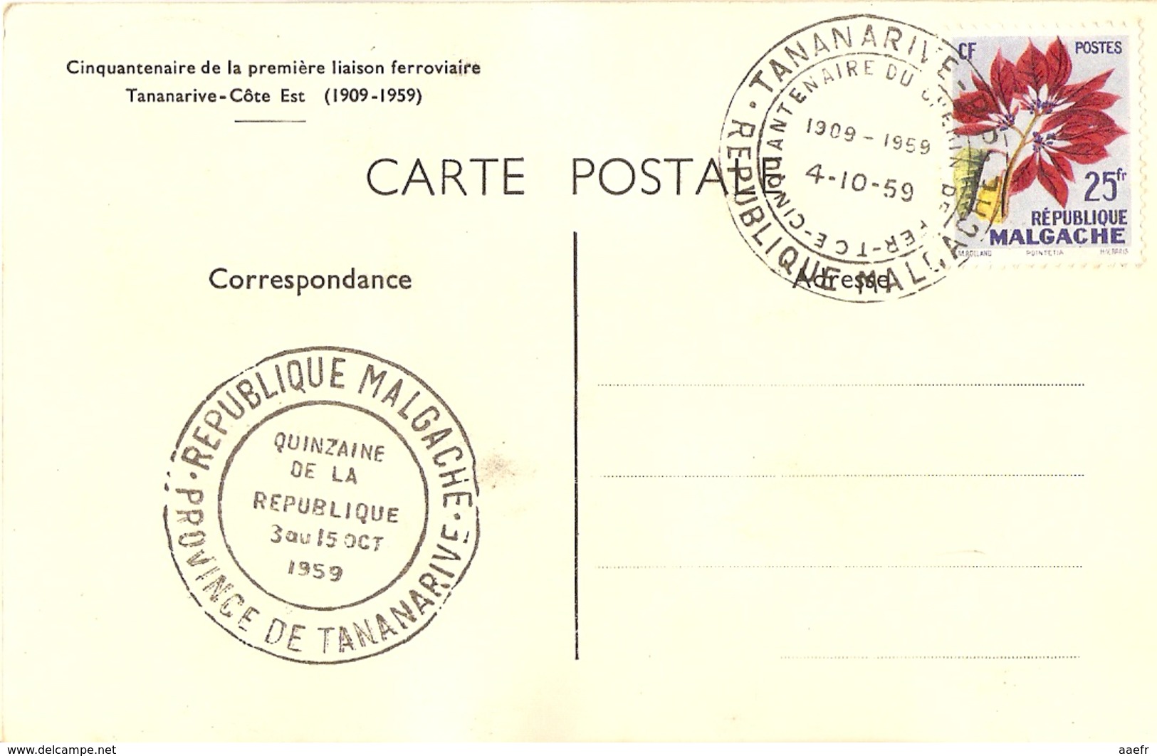 Madagascar 1959 -  CP Avec Cachet Cinquantenaire De La Première Liaison Ferroviaire Tananarive/Côte Est - YT 337 - Madagaskar (1960-...)