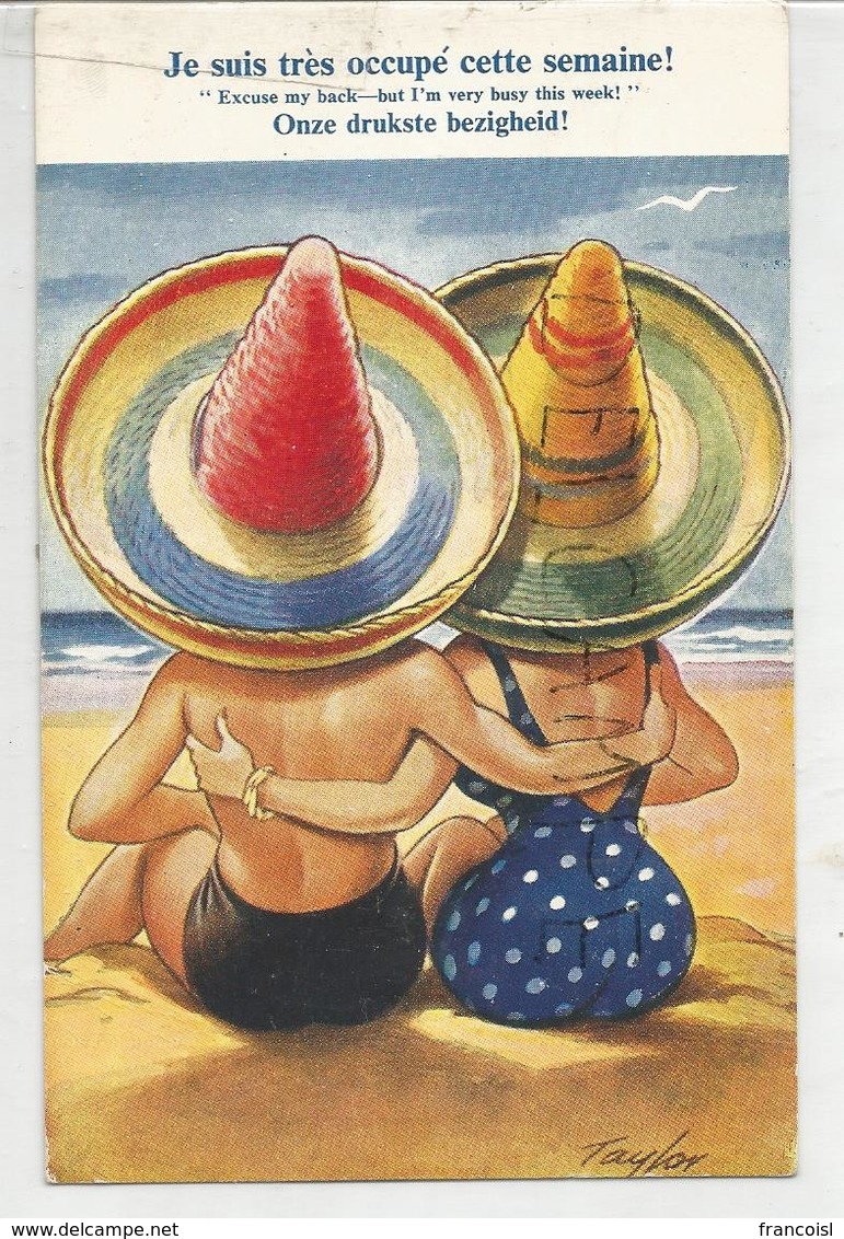 A La Plage. Couple Et Sombreros:" Je Suis Très Occupé, Cette Semaine". - Taylor