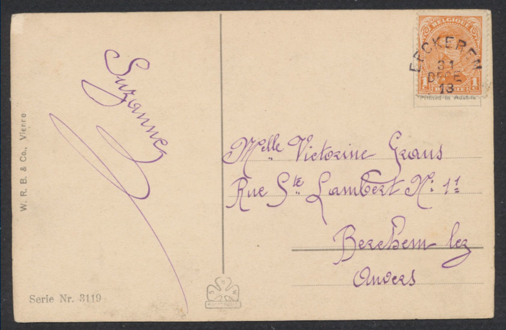 Marcophilie - N°135 Sur CP Fantaisie + Cachet De Fortune "Eeckeren" (1918) Vers Berchem-lez-Anvers. - Foruna (1919)