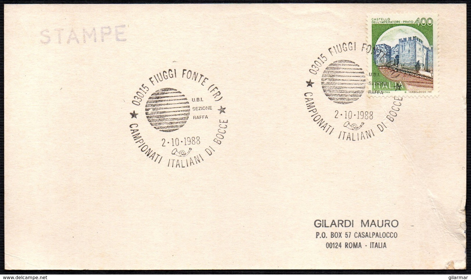 BOWLS - ITALIA FIUGGI FONTE (FR) 1988 - CAMPIONATI ITALIANI DI BOCCE - U.B.I. SEZIONE RAFFA - CARD VIAGGIATA - Pétanque