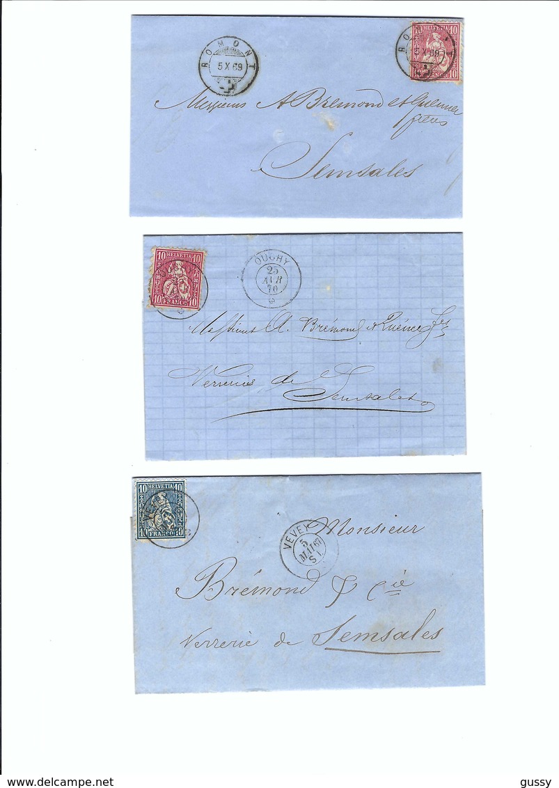 SUISSE 1867-70: 3 Enveloppes  D'Ouchy, Romont Et Vevey Pour Semsales - Lettres & Documents