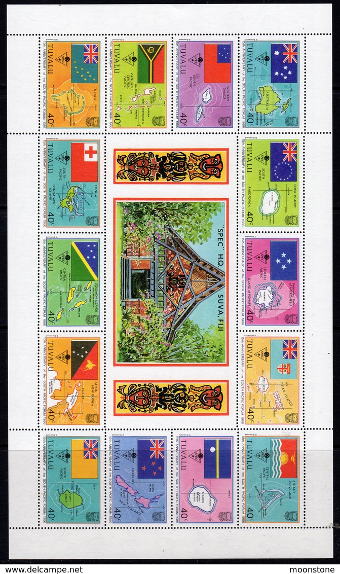 Tuvalu 1986 South Pacific Forum Flags Sheetlet Of 14, MNH, SG 404/20 (BP2) - Tuvalu