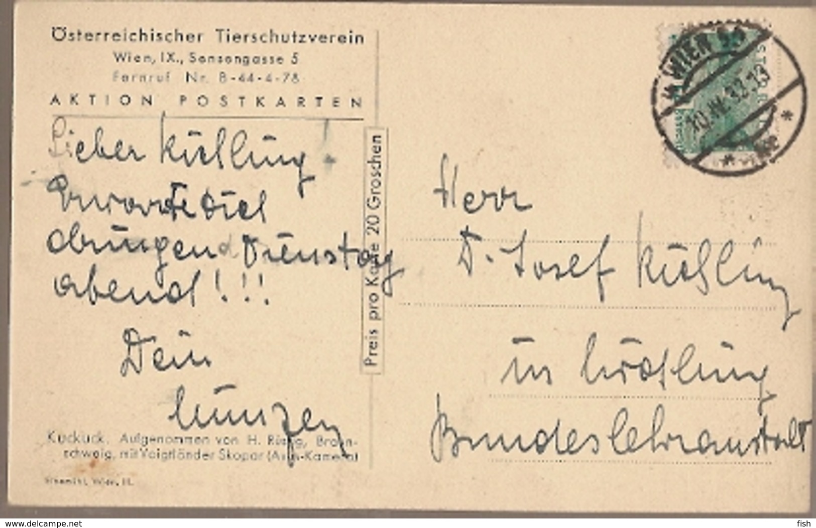 Austria & Circulated, Österreichischer Tierschutzverein Kuckuck, Wien 1933 (7779) - Oiseaux