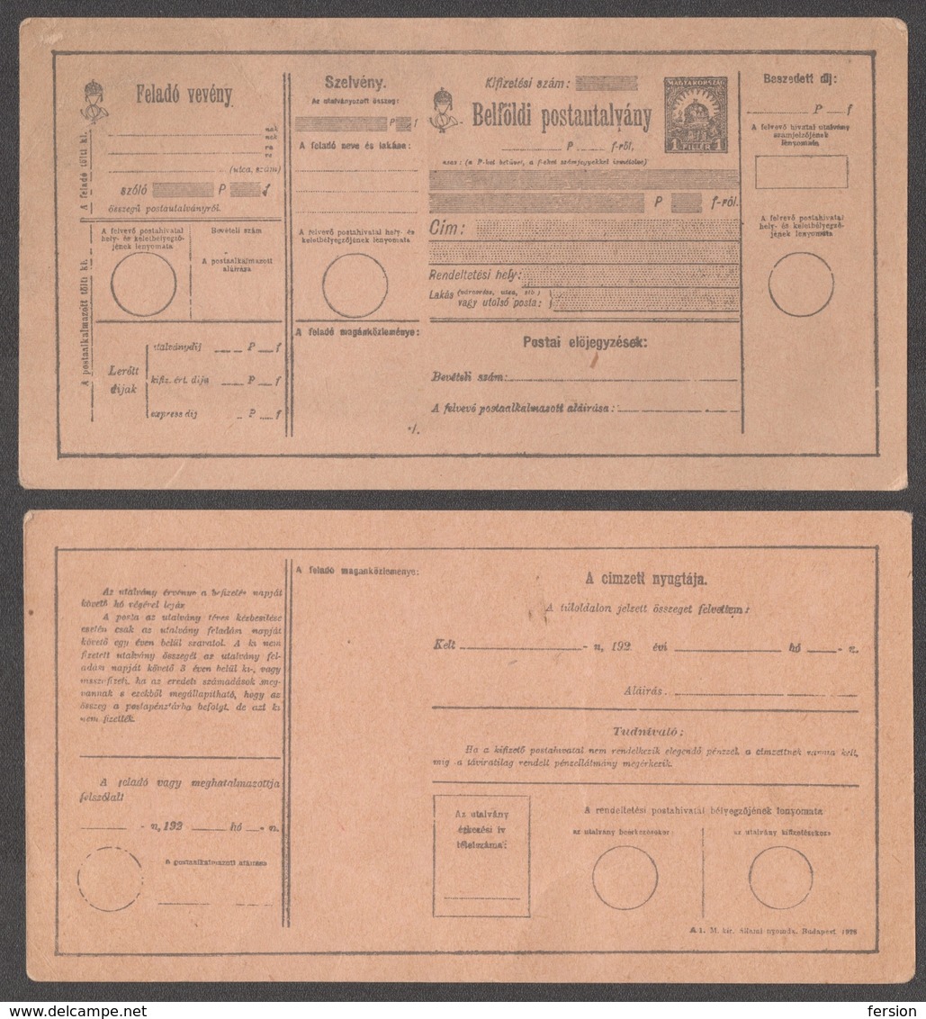 Post Office - CHILDREN POST OFFICE / MONEY Order FORM - Inland / HUNGARY 1930's - Parcel Post Postal Stationery - Postpaketten