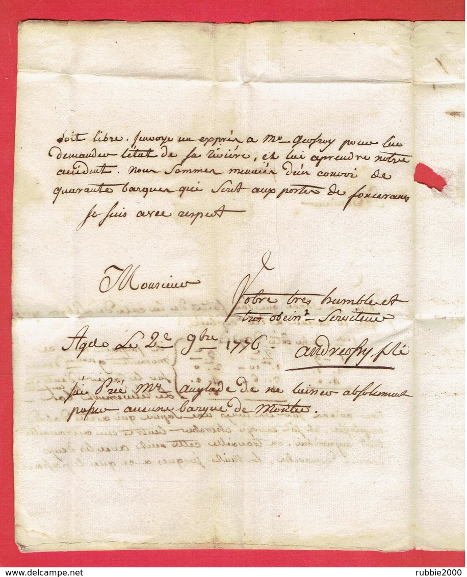 LETTRE SEPT. 1776 M. ANDREOSSY D AGDE 34 POUR M. PIN DIRECTEUR GENERAL DU CANAL ROYAL DE LANGUEDOC A TOULOUSE 31 - Documenti Storici