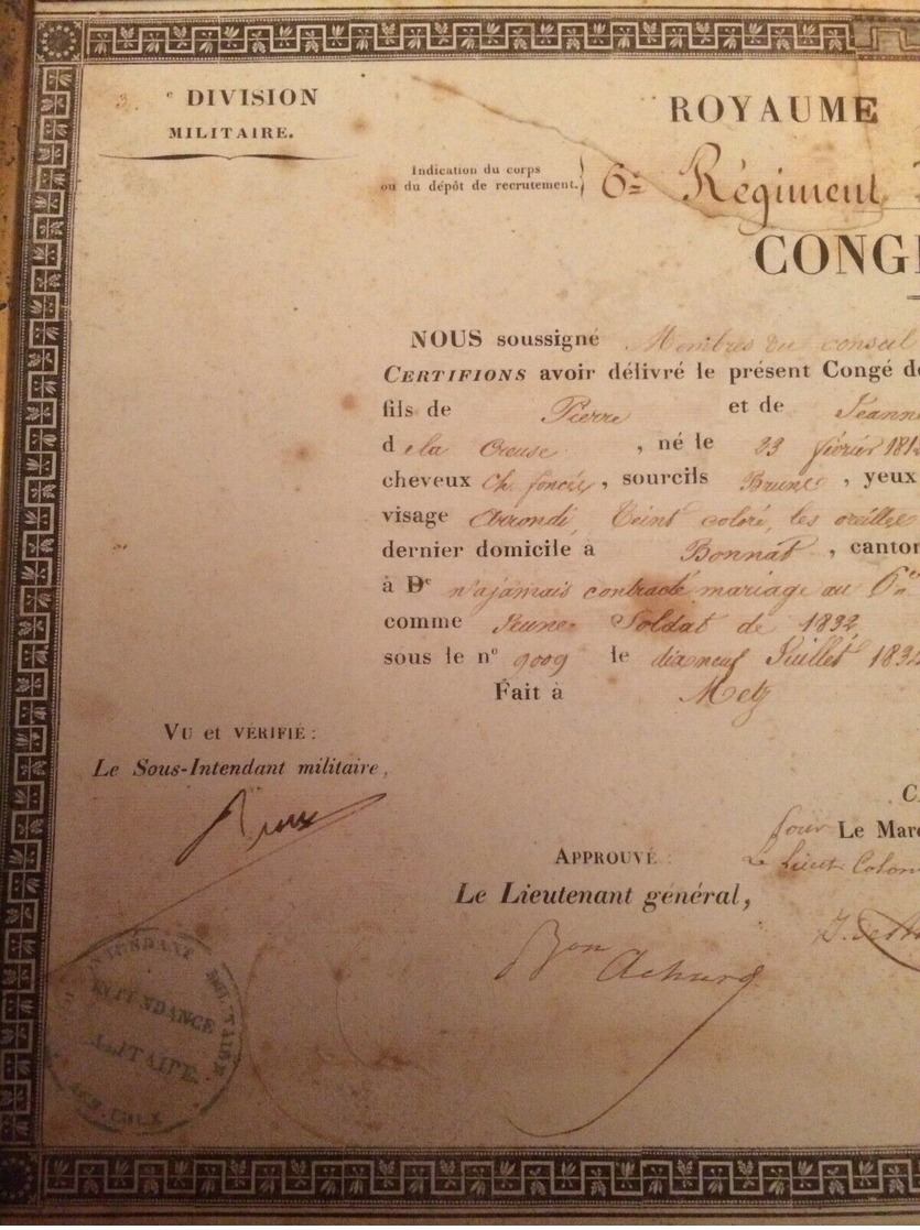 CREUSE 1839  CONGÉ DÉFINITIF DU SIEUR AUTIXIER DE BONNAT  CREUSE - Dokumente