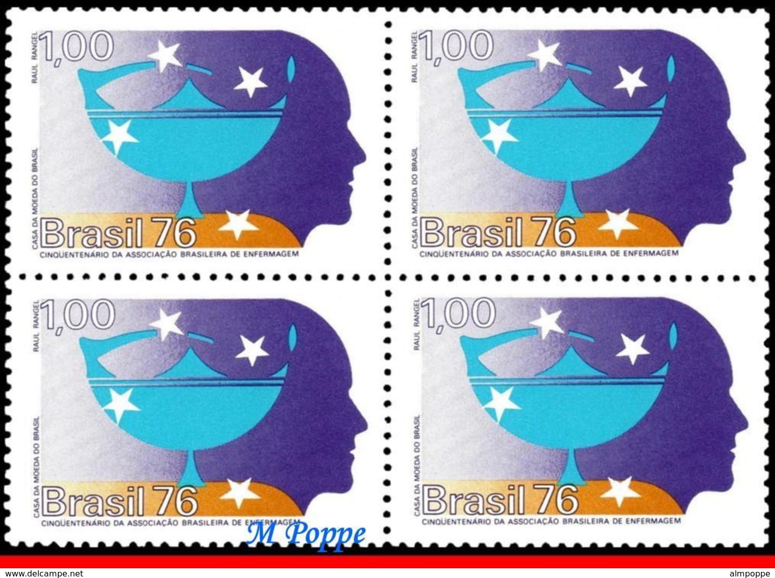 Ref. BR-1468-Q BRAZIL 1976 HEALTH, NURSES' ASSOCIATION, 50TH, ANNIV., MI# 1553, BLOCK MNH 4V Sc# 1468 - Blocks & Kleinbögen