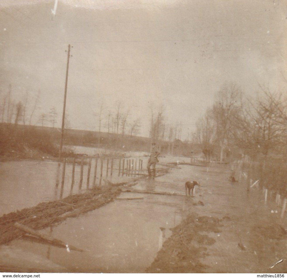 Photo 1917 MEZIERES-SUR-OISE - Inondation Du Canal, Soldat Allemand (A218, Ww1, Wk 1) - Saint Quentin