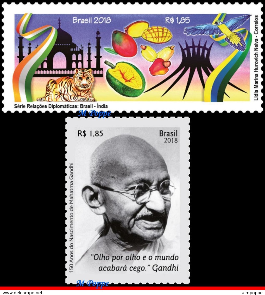 Ref. BR-V2018-07 BRAZIL 2018 DIPLOMATIC RELATIONS, WITH INDIA, ARCHITECTURE,, GANDHI, BIRDS, FRUITS, MNH 2V - Ungebraucht