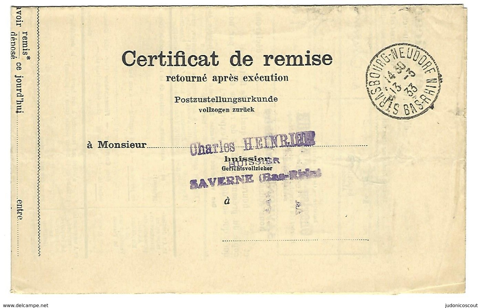 STRASBOURG NEUDORF 13.3.1933 - Certificat De Remise En Franchise - Heinrich Huissier - Briefe U. Dokumente