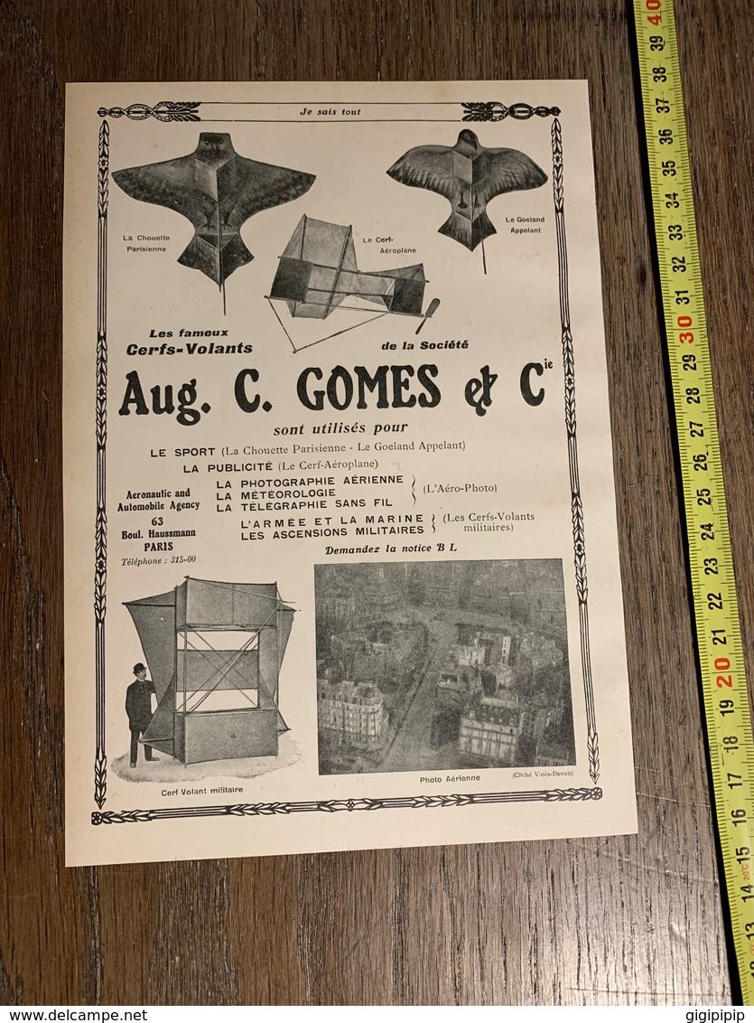 1913 JST PUBLICITE LES CERFS VOLANTS AUGUSTE C GOMES CERF AEROPLANE CHOUETTE PARISIENNE - Collections