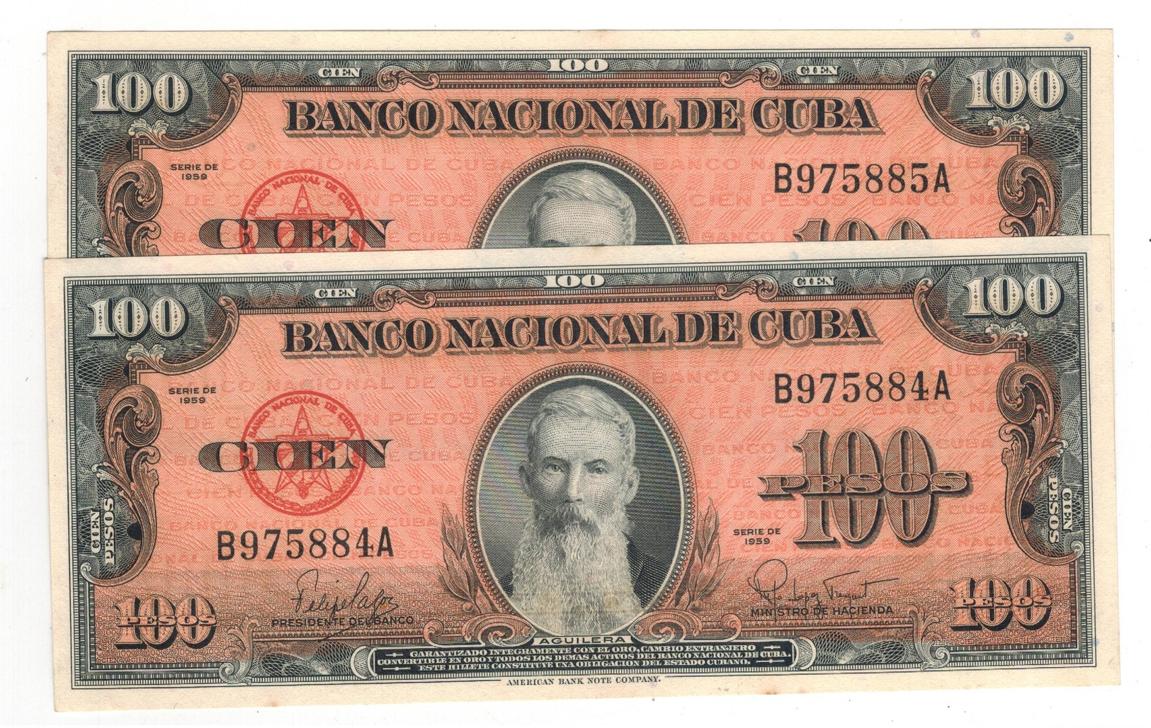 Cuba 100 Pesos 1959 (x2 Consec.) AUNC/UNC - Cuba