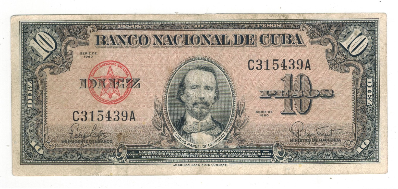 Cuba 10 Pesos 1960,  ABNC, VF. - Cuba