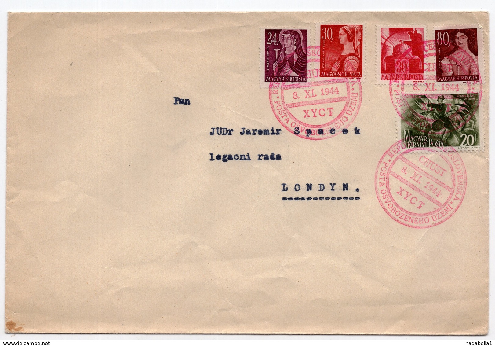 08.11.1944. CZECHOSLOVAKIA SPECIAL CANCELATION, HUNGARY STAMPS, SENTYO LONDON, GREAT BRITAIN - Covers & Documents